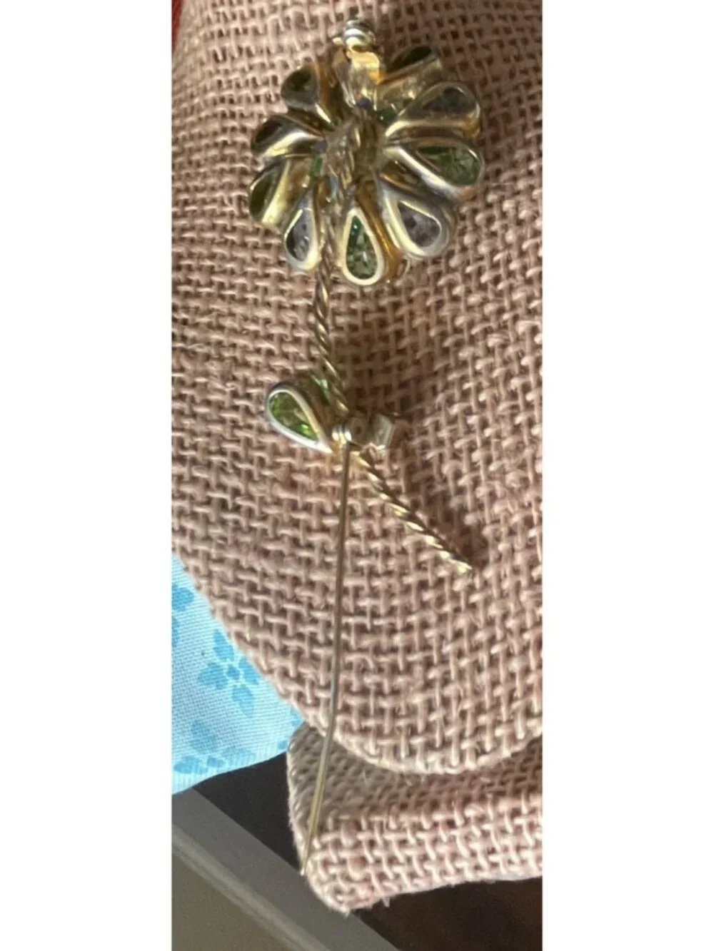 Vintage Gold-Tone Flower Brooch With Pearl Center & Blue-Green Glass Petals Flor